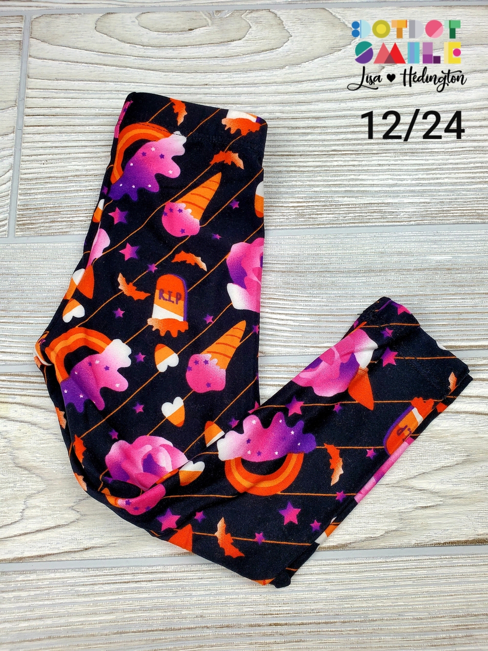 NWT DotDotSmile Halloween Leggings - Black with Pink & Orange Print- 12/24 Month